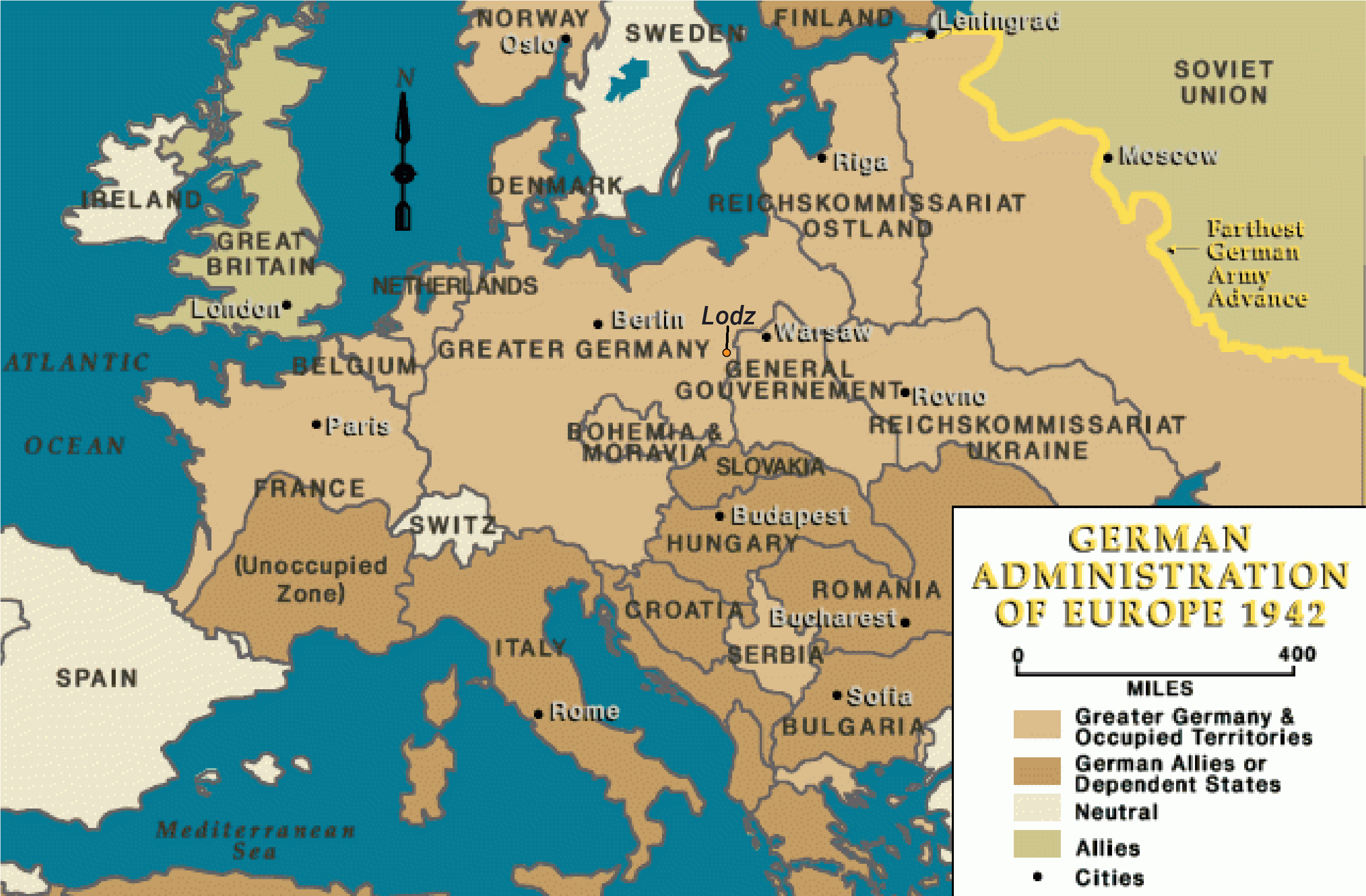 7_Map_GermanAdministrationEurope1942_USHMM Map showing borders of administration of Nazi-occupied Europe at the height of Nazi power in 1942.