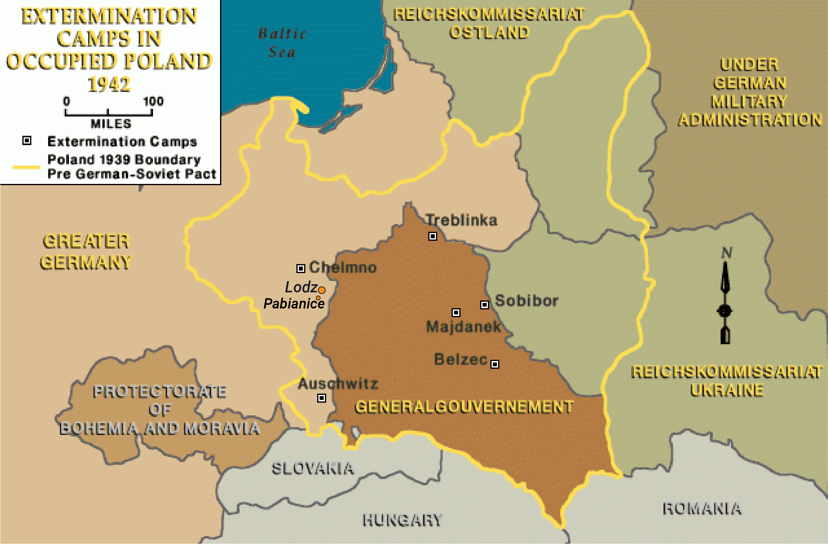7_Map_KillingCentersOccupiedPoland_1942_USHMM_Lodz Map showing location of Nazi killing centers in occupied Poland in 1942.