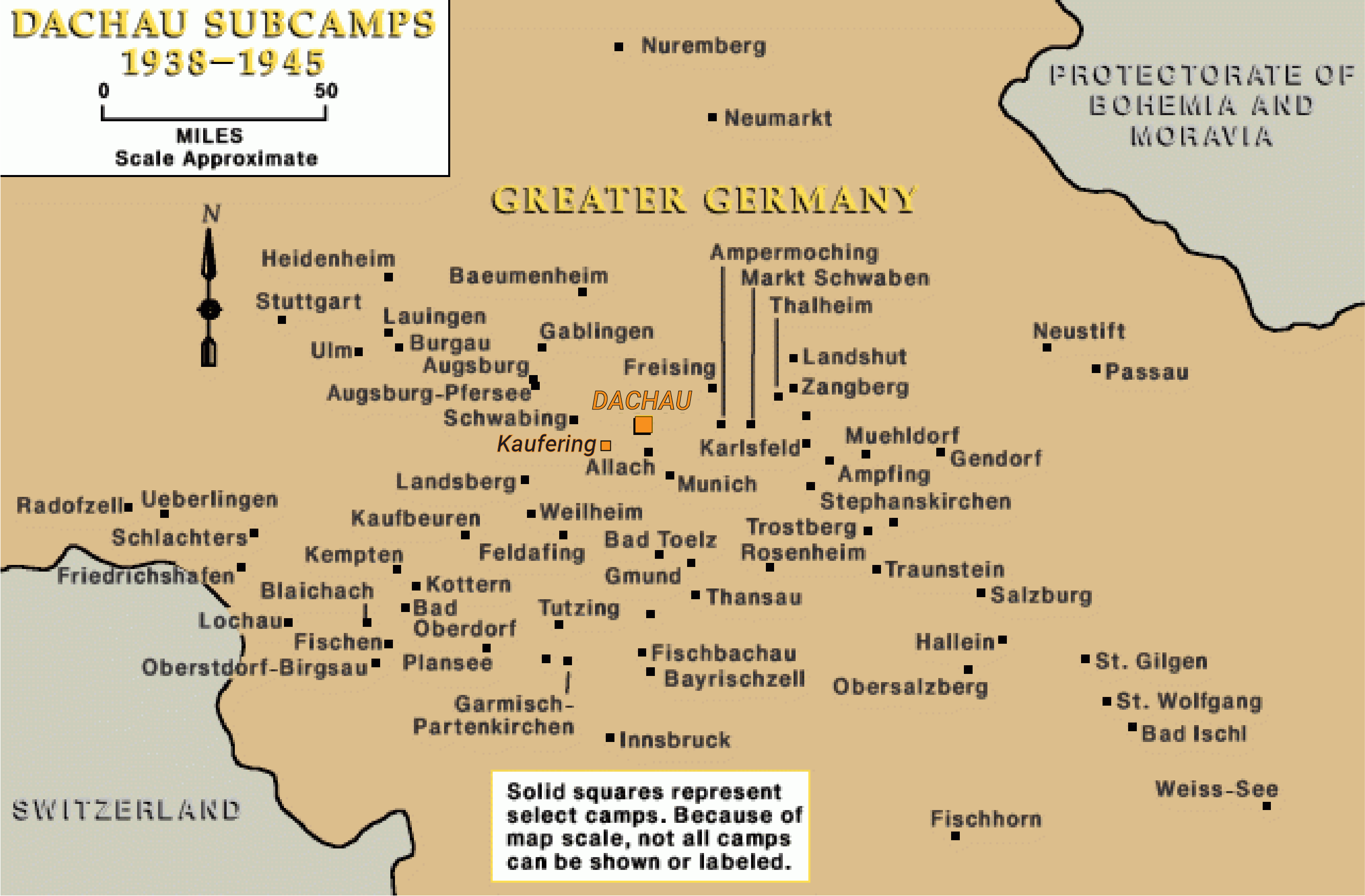 8_Map_DachauSubcamps_1938-45_USHMM Map showing Dachau concentration camp system (1935-1945) with satellite and sub-camps indicated. Kaufering is highlighted just southwest of Dachau, which is located near Munich in Bavaria.