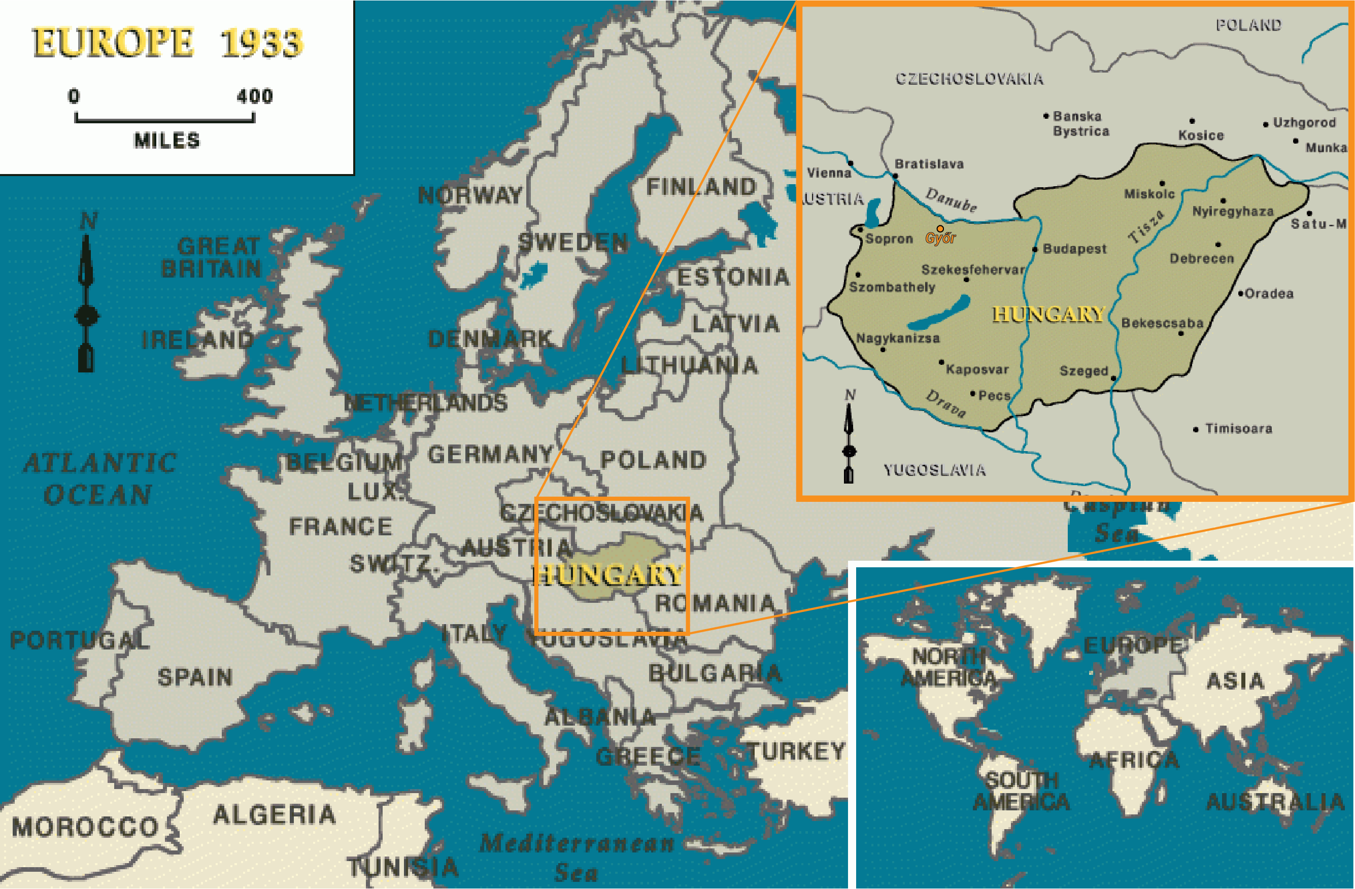Map_Europe1933-Hungary_GyorIndicated_USHMM Mapa de Europa con Hungría, se indica la ciudad de Gyor.